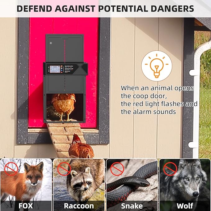 Automatic Chicken Coop Door, 4 Modes LCD Display Chicken Coop Door Solar Powered with Timer & Light Sensor, Aluminum Alloy Automatic Chicken Door with Anti-Pinch, IPX45 Waterproof