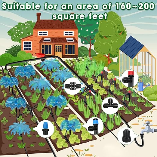 Drip Irrigation Kit, Flantor 190FT Greenhouse Drip Irrigation System Adjustable Garden Watering System with 1/2" & 1/4" Irrigation Tubing, Patio Misting Plant Watering System for Garden and Lawn