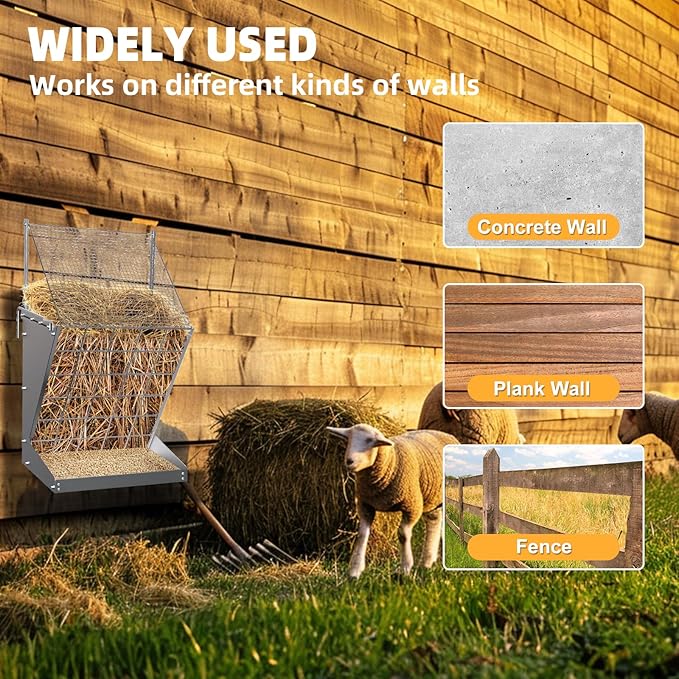 Wall Mount Hay Rack, 2 in-1 Goat Hay Feeder with Hook, 19 Gallons Heavy Duty Galvanized Wall Hay Rack, Livestock Feeder with Adjustable Distance, Easy to Install, Hay Rack for Goats, Sheep, Horse