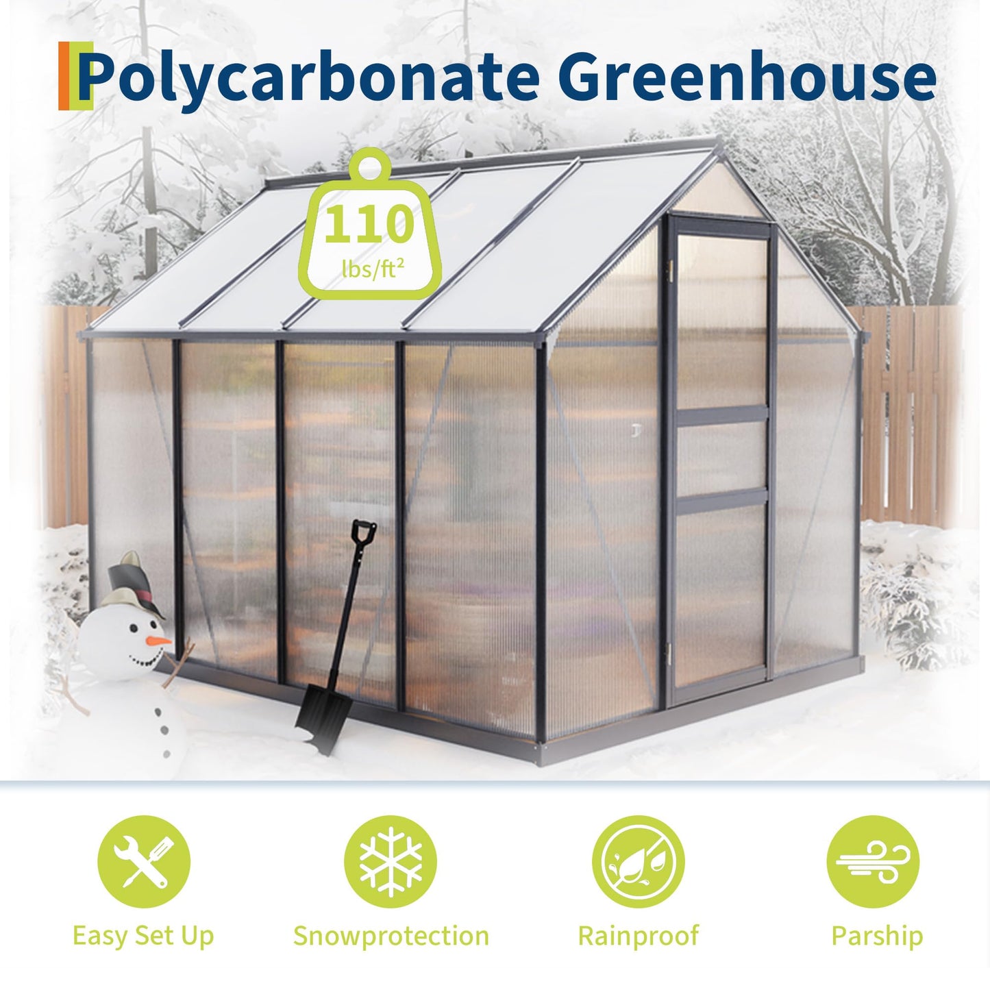 6*8 FT Outdoor Walk-in Greenhouse, Polycarbonate Green House, Heavy Duty Greenhouse with Vented Roof Window, Windproof Aluminum Frame, Suitable for Outside Gardening, Backyard, Patio