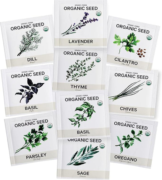 Certified Organic Herb Seeds Variety Pack (10-Pack) - 6,500+ Non GMO, Heirloom - Lavender, Basil, Thyme, Parsley, Oregano, Sage, Dill, Chives Herbs Seeds for Indoor & Outdoor Planting