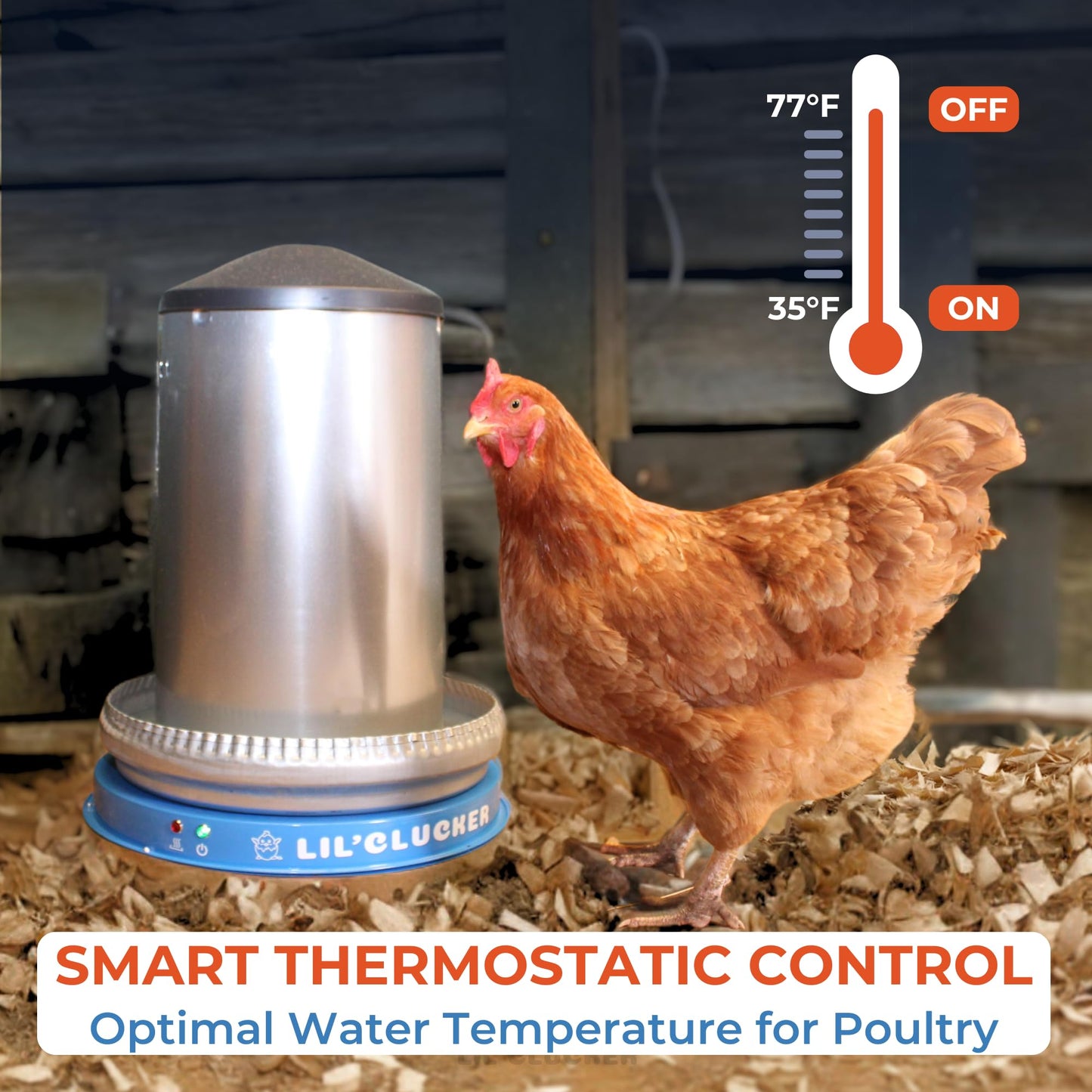 Lil'Clucker Heated Base for Chicken Waterer – Automatic Metal Freeze Proof Heated Chicken Waterer with Heater & LED – Poultry Heated Waterer for Winter (Blue, 15 Inch)