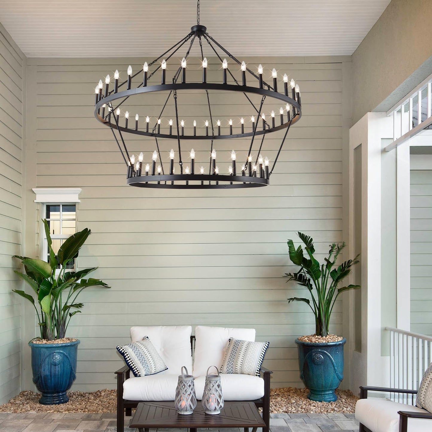 VBKK Wagon Wheel Chandelier Farmhouse 2 Tier 64-Light 70-Inch, Black Industrial Chandelier Rustic Candle Pendant Light Fixture Extra Large for High Ceilings, Dining Room, Living Room, Foyer, E12