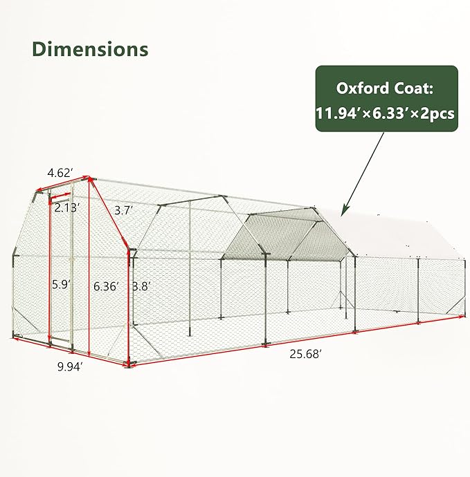 Large Metal Chicken Coop,9.94x25.68x6.36 ft Walk-in Chicken Runs for Yard with Waterproof Cover, Flat Shaped Chicken House with Door for Outdoor and Backyard, Farm,Duck Rabbit Cage