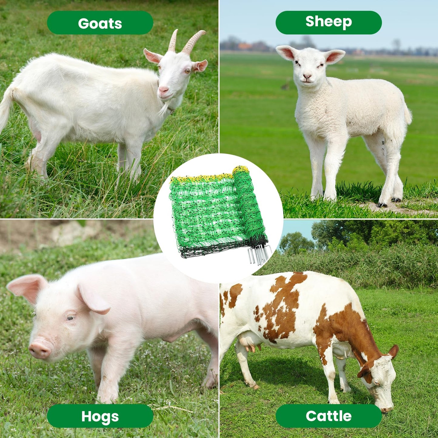 Electric Fence Netting, 49.6" H x 164'L Portable Livestock Nets for Cattle, Sheep, Goat, Hogs, Larger Animals, Electric Fencing with 14 Pre-Assembled Double-Spiked Posts for Backyards, Ranches, Farms
