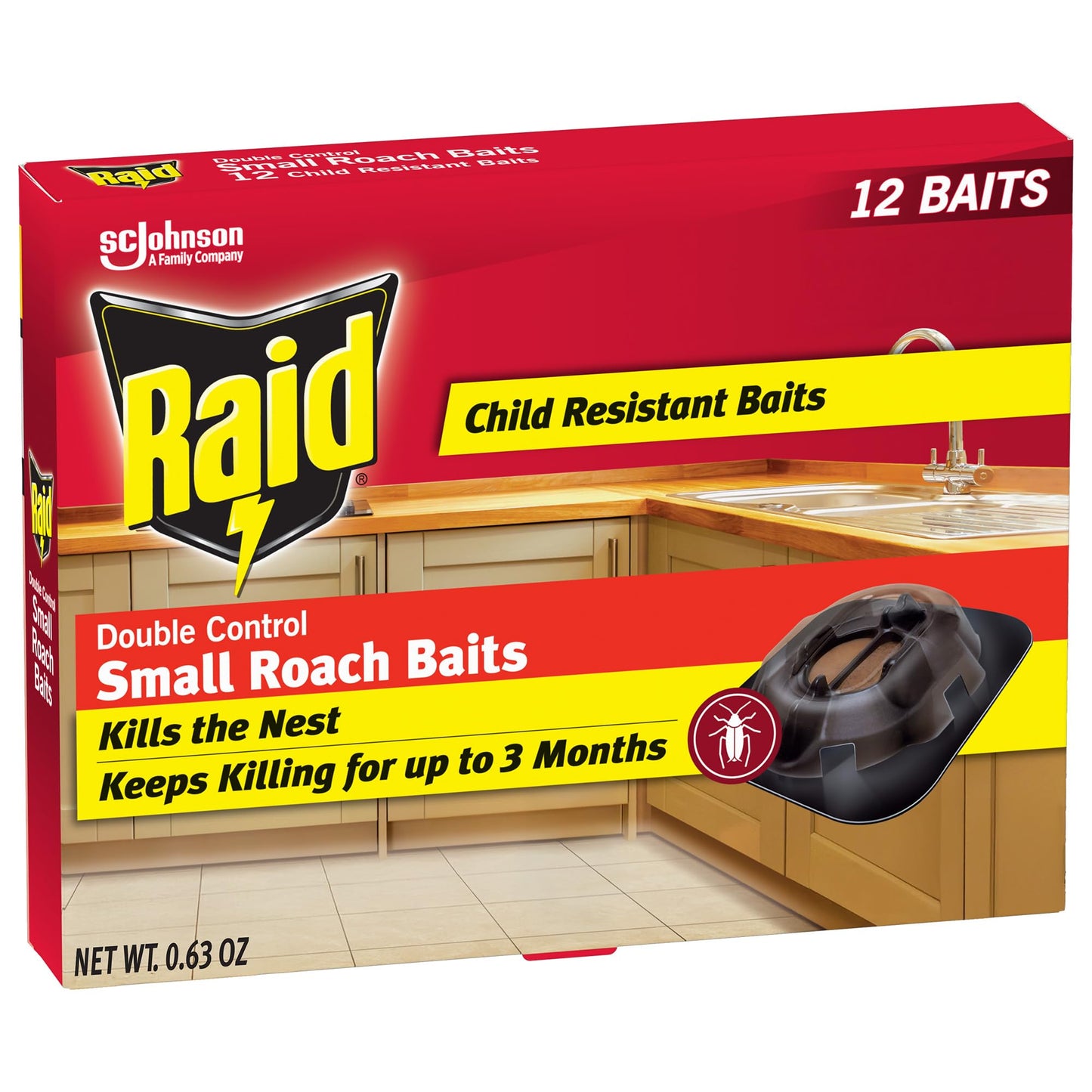 Raid Double Control Small Roach Baits, Child Resistant, For Indoor Use, Kills Roaches for 3 Months, 12 Count