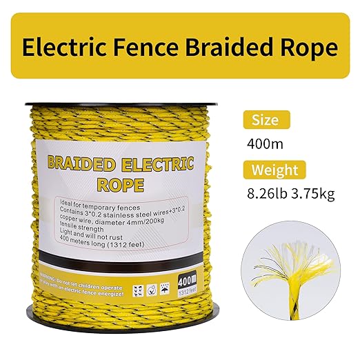 Electric Fence Braided Polyrope 1312 Feet, Portable 6 Braided Copper and stainlee Steel Strength 200kg,4mm Diameter, Reliable Conductivity and Rust Resistance, Electric Fence Wire for Horse Fencing