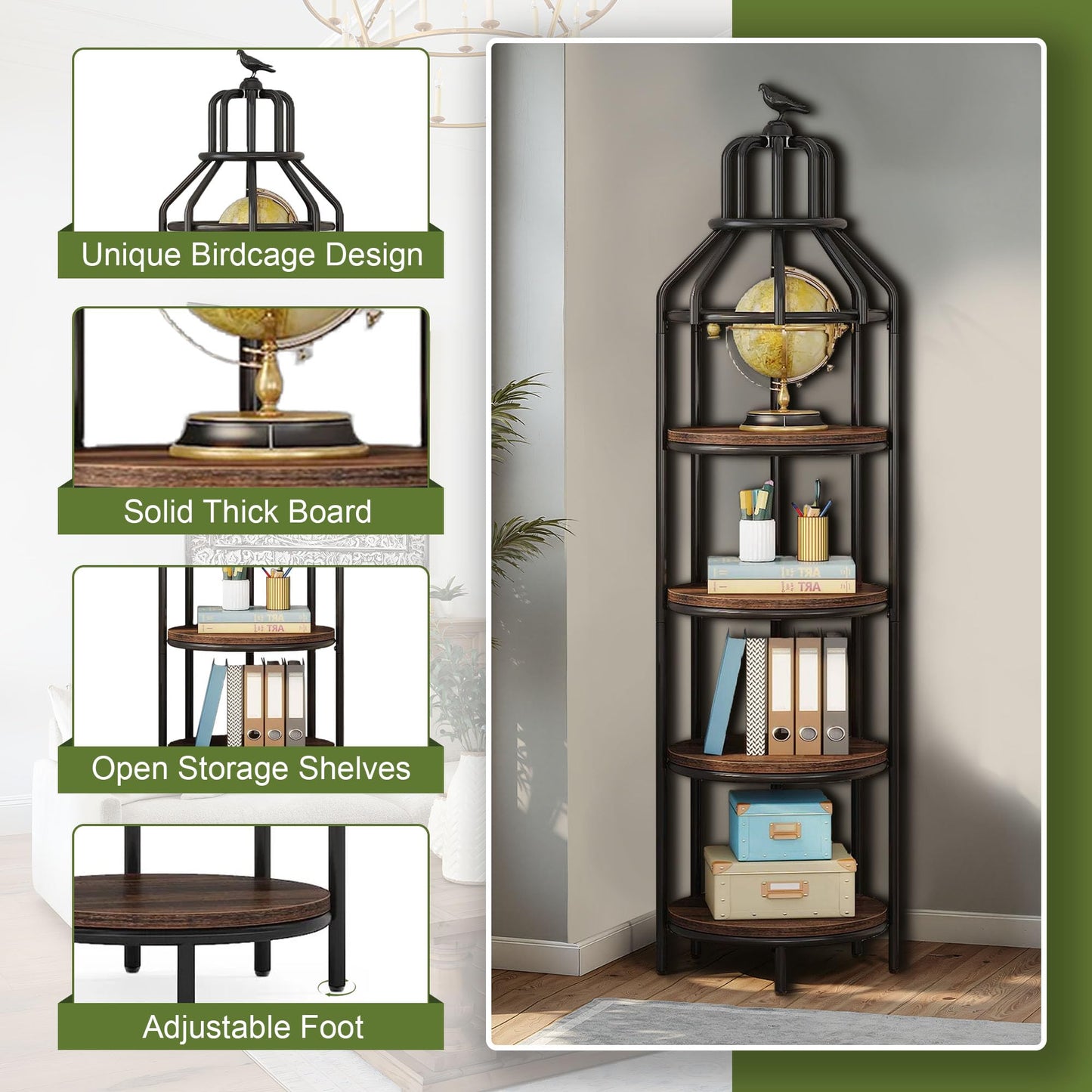 NicBex 70.86" Narrow Bookcase Bookcase with Bird Cage Design,4-Tier Bookshelf Storage Organizer,Metal Plant Stand for Bedroom, Living Room, Office, Brown & Black