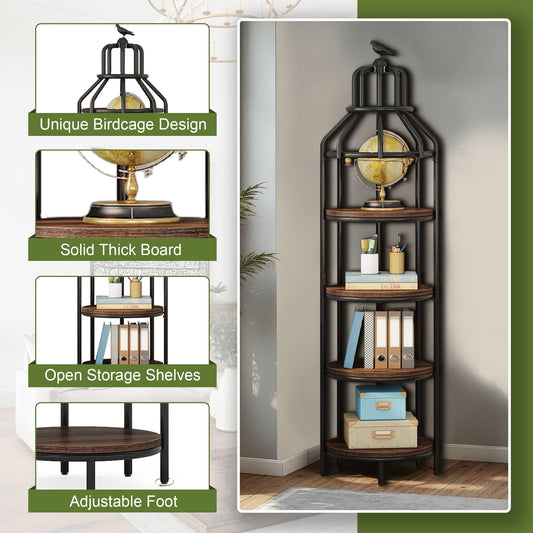 NicBex 70.86" Narrow Bookcase Bookcase with Bird Cage Design,4-Tier Bookshelf Storage Organizer,Metal Plant Stand for Bedroom, Living Room, Office, Brown & Black