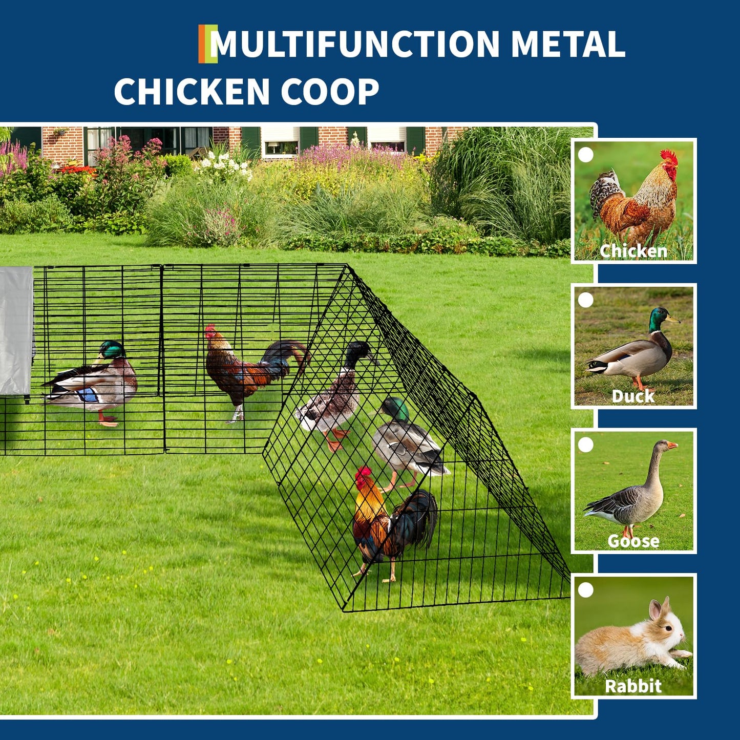 Chicken Tunnels for Yard, Portable Chicken Coop with Corner Frames, Chicken Runs for Yard with Cover, Small Metal Chicken Cage for Ducks, Rabbits