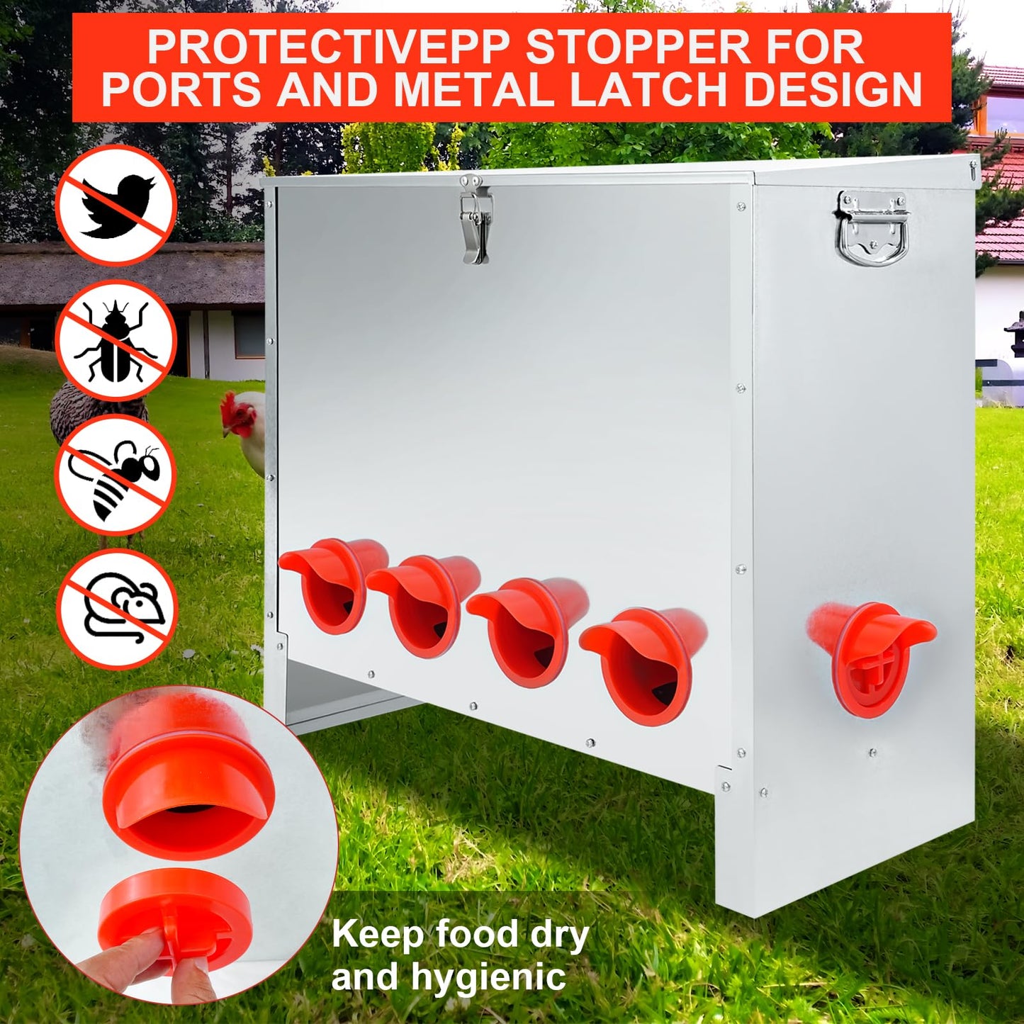 RYFT 85lbs Automatic Chicken Feeder Large Capacity, 10-Port Galvanized Metal Poultry Feeder for Chickens, Geese, Ducks, Turkeys, Quails