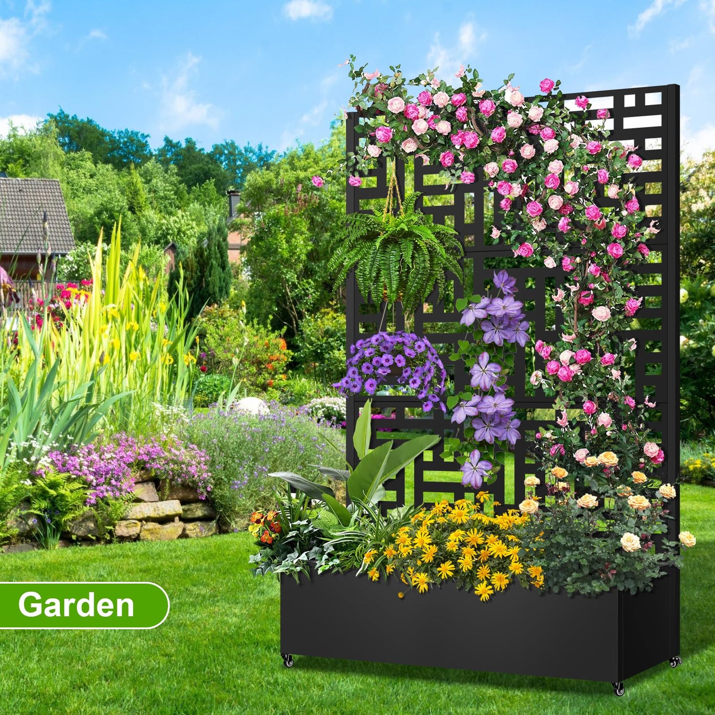 Meyoppm Metal Planter Box with Trellis, 72"x47"x16" Metal Raised Garden Bed with Trellis, Trellis Planter Box with Drainage Holes & Lockable Casters for Climbing Plants, Vegetables, and Vines