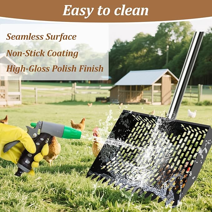 12inch Chicken Poop Scooper & Rake 2-in-1 Chicken Scooper for Poop with 36 to 77" Adjustable Stainless Steel Handle Gloves Heavy Duty Litter Sifting Shovel for Cleaning Coop Farm Pet Waste