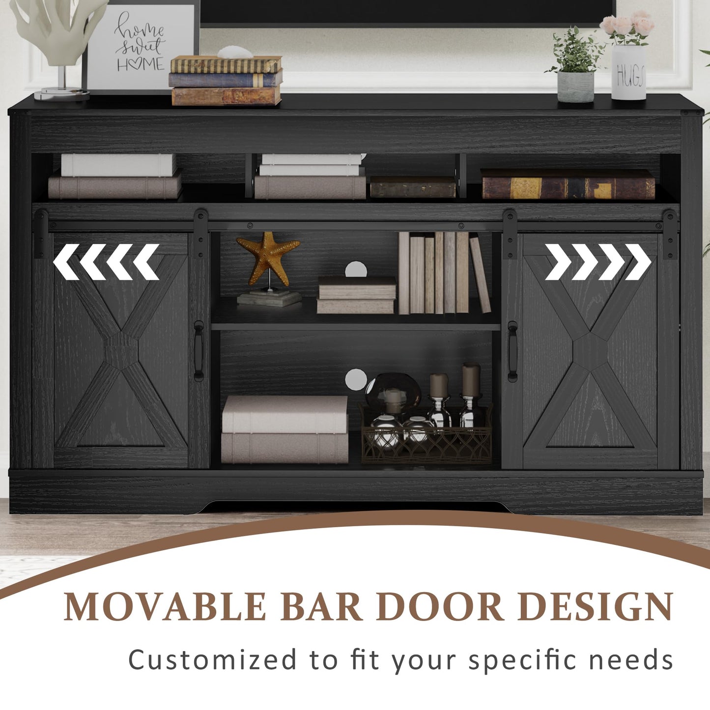 FansaFurn Farmhouse TV Stand for 65+ Inch TV, 34'' Tall Entertainment Center with Sliding Barn Doors, Rustic Wood Media Console Storage Cabinet Television Stand for Living Room, Bedroom (Black)