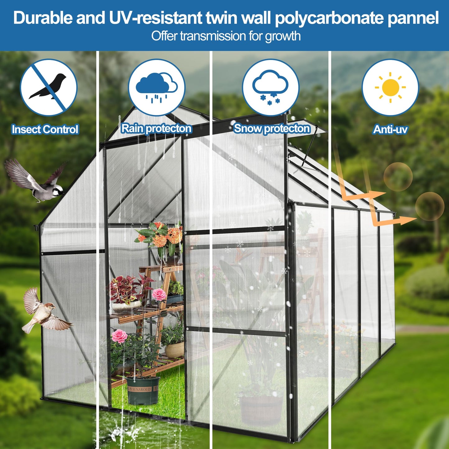 KELRIA 6x8 FT Heavy Duty Walk-in Hobby Greenhouses, Polycarbonate Greenhouse with Sliding Doors and Adjustable Roof Vent, Aluminum Sunroom Green House for Outdoor Garden Backyard, Black