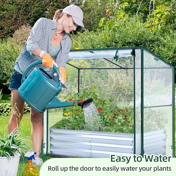 Ohuhu Raised Garden Bed with Greenhouse, 4x2x1 FT Galvanized Metal Planter Box with PVC Cover, Protects Plants from Frost Birds Insects, 3-in-1 Gardening Set for Vegetable Flower Herb Succulent