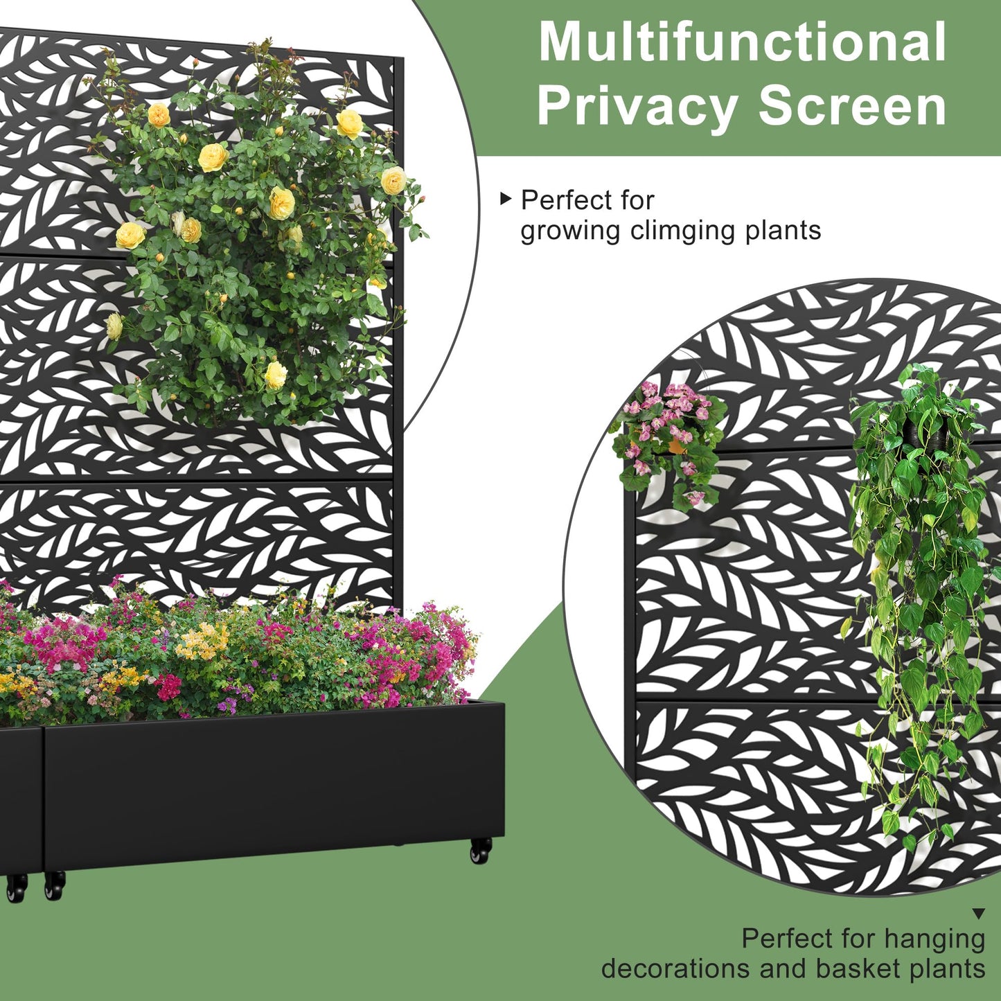 Casaphoria Metal Raised Garden Bed with Trellis and Wheels, 72"x47"x16" Planter Box for Climbing Plants, Vegetables & Vines, Features Drainage Holes and Privacy Screen (Black-Spring)
