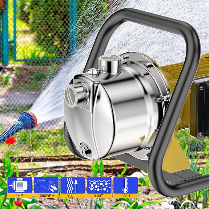 1.0HP Electric Shallow Well Pump 110V Portable Water Transfer Pump 1080GPH 18GPM Stainless Steel Pumps 150ft Heigh Draining Irrigation Pump for Garden Lawn Draining Irrigation System