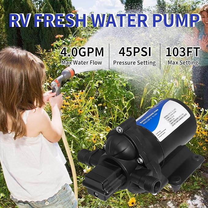 12V DC RV Fresh Water Pump for Home,4GPM 45PSI Self Priming Garden Hose Booster Sprinkler Pump for Bathroom Camp,Washdown Diaphgram with Pressure Switch for Boat Irrigation Yach