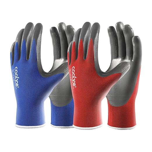 COOLJOB 10 Pairs Nitrile Dipped Safety Work Gloves with Grip, Non-slip Rubber Coated Bulk Garden Gloves for Men, Heavy-duty Oil Resistant for Truck Driver, Warehouse Box Handler, Large, Red Blue