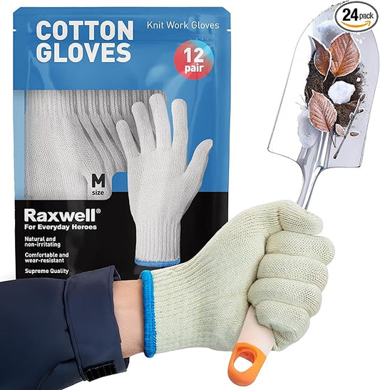 Raxwell White Cotton Gloves - Premium Knit Work Gloves, 12 pairs - Durable Liners for BBQ, Painting, Gardening, Industrial, & Mechanics, Natural Color, Size Medium