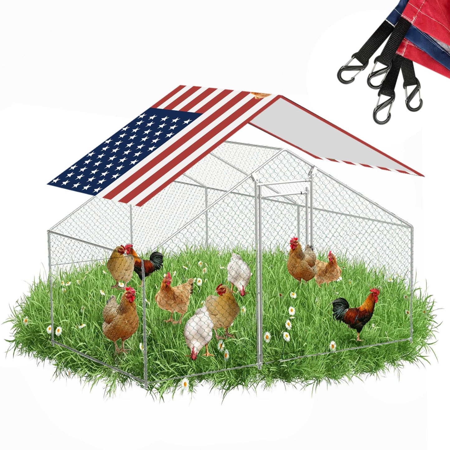 BUAEL 1 Pcs Outdoor Metal Chicken Coop Cover with Sun Resistance Fence Chicken Cages Cover for Outdoor Large Walk in Chicken Run Pen, 10.5 x 5 ft (American Flag（red）)
