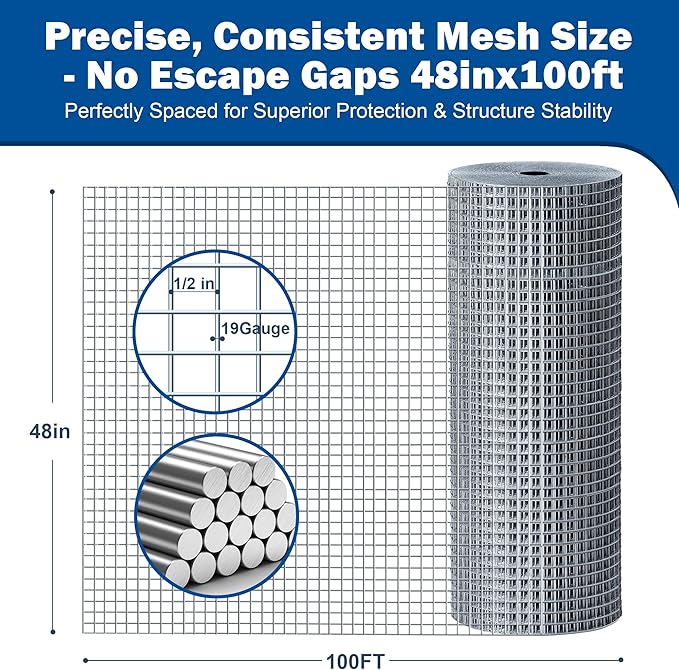 Galvanizing Hardware Cloth, Chicken Wire Mesh 1/2 inch 48in x 100ft, Chicken Wire Fence Rolls for Garden Plants, for Chicken Coops and Pet Fences Heavy Duty Cutting Pliers and Gloves