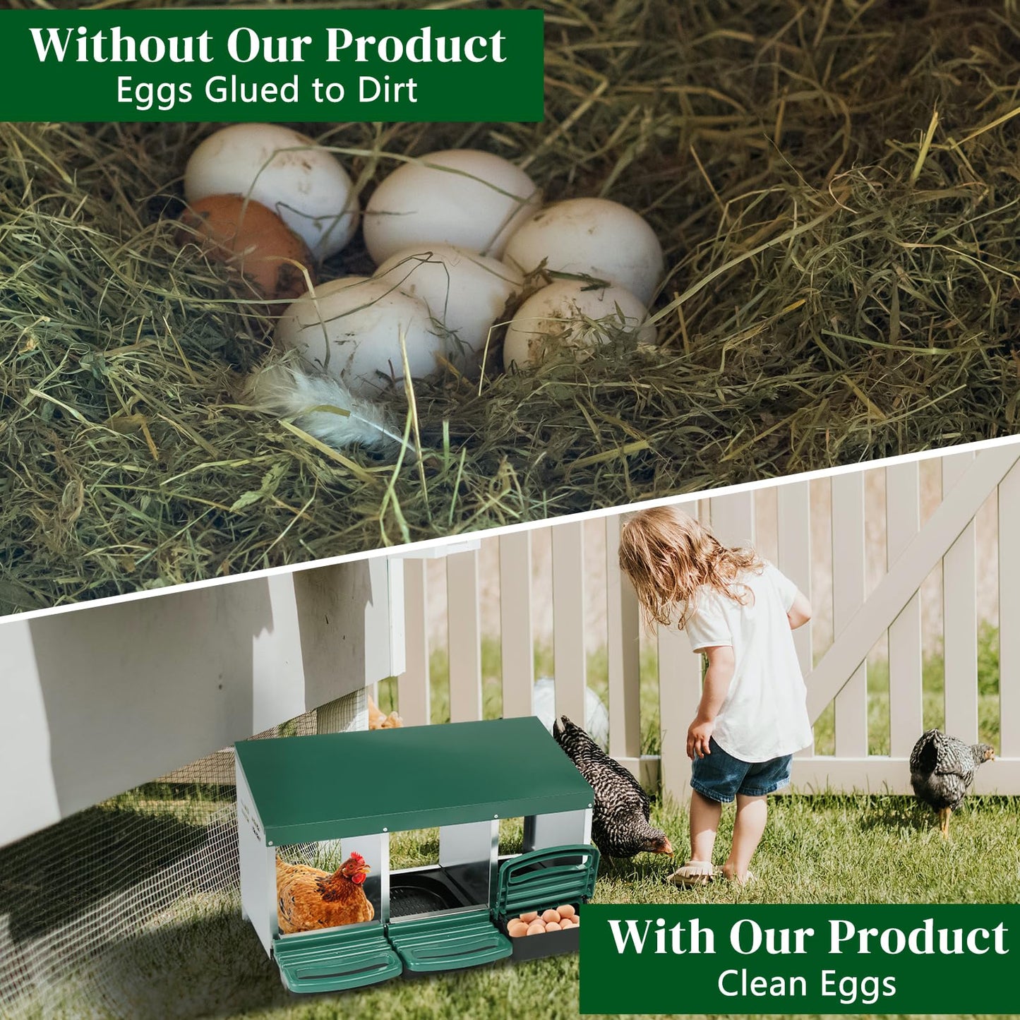 Outvita Chicken Nesting Box, 3 Compartments Chicken Laying Box, Hanging Nesting Box with Egg Saver, Perch Cover for Hen