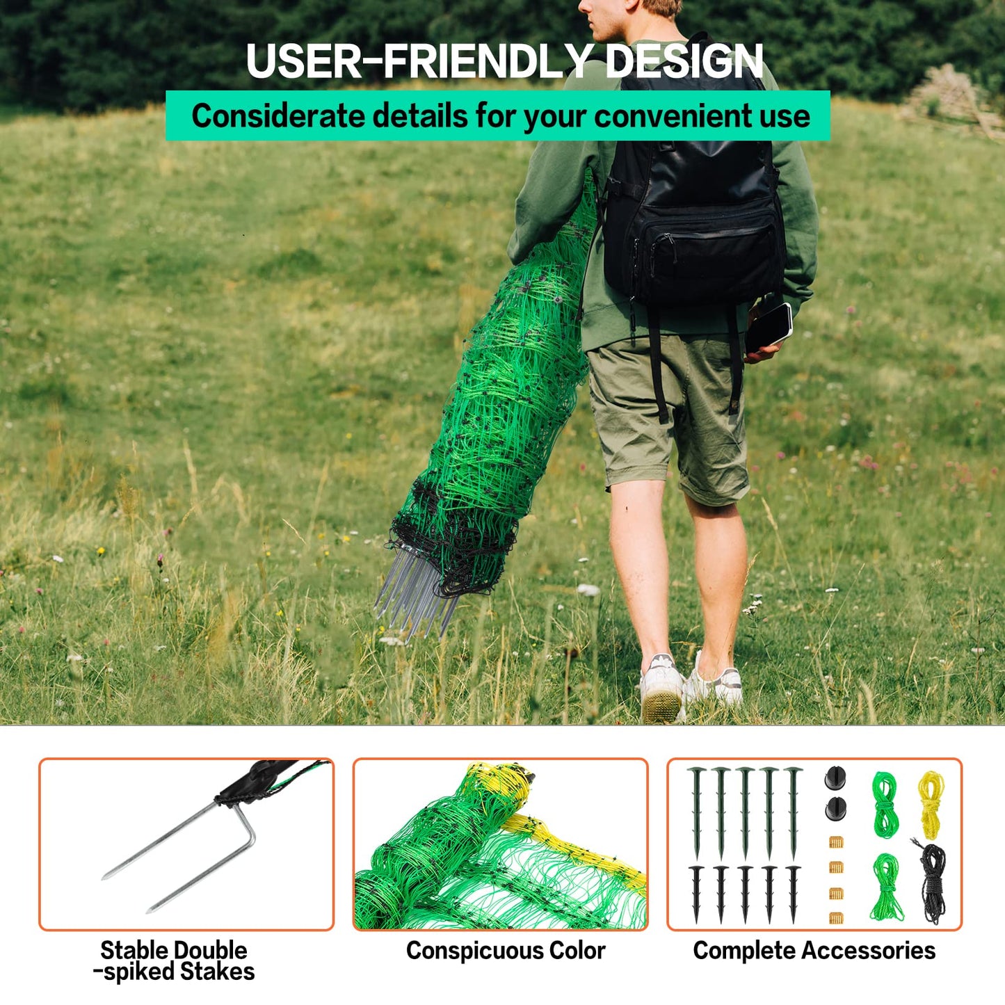 Electric Fence Netting, 49.6" H x 164' L, PE Net Fencing Kit with 14 Posts Double Spiked, Utility Portable Mesh for Sheep Hogs Goats Deer Dogs Lambs Used in Backyards Patio Farms Ranches, Green