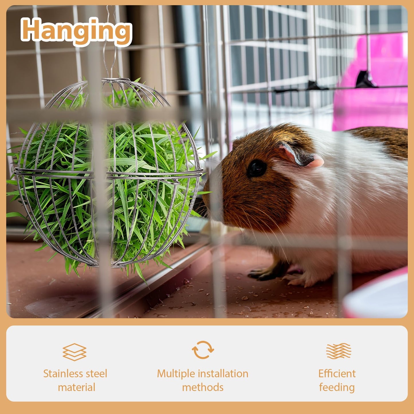 Otoolling 2 Pack Rabbit Hay Ball Feeder Stainless Steel Hanging Hay Holder Dispenser Small Animal Grass Feeder Rack Ball Toy for Bunny Hamster Guinea Pig Chinchilla Gerbils Cage Accessories Supplies