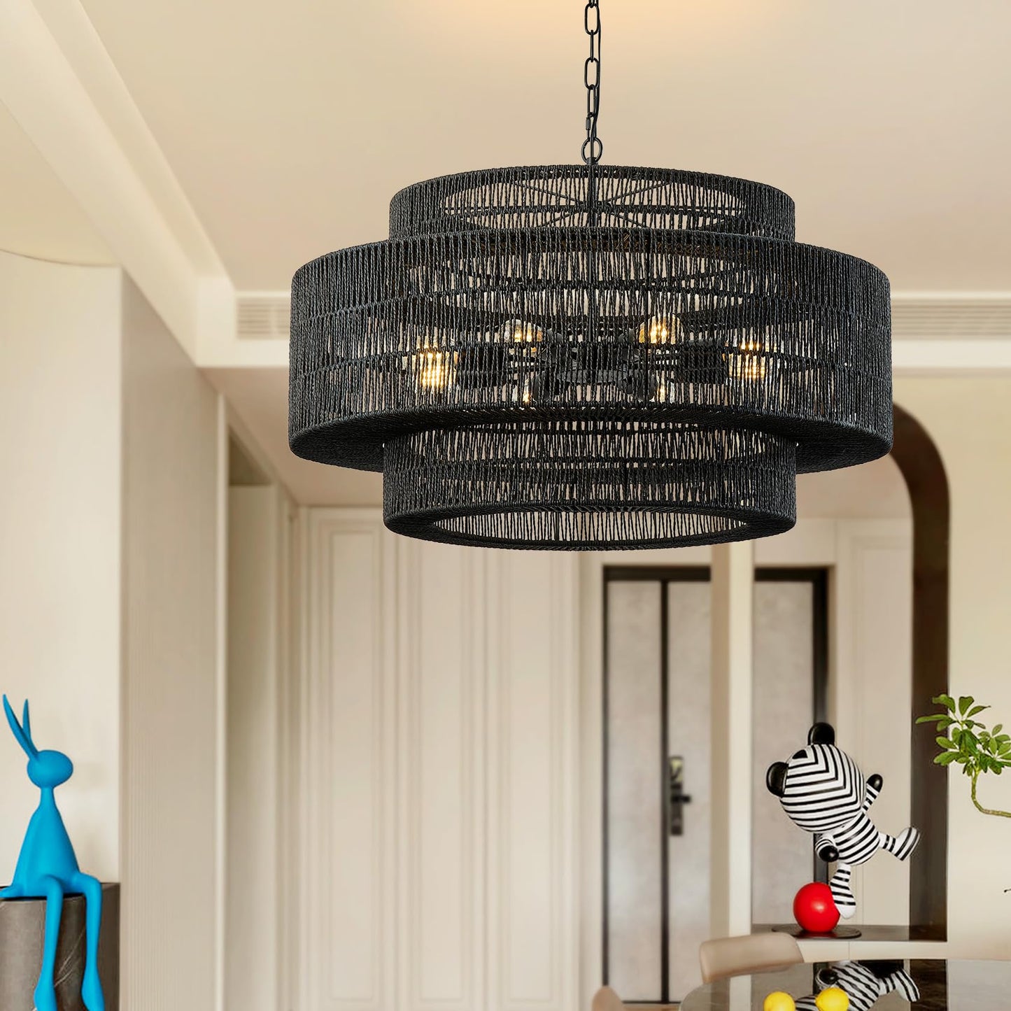 Giutna 31.5"Large Boho Rattan Farmhouse Chandeliers for Dining Room,8-Light Rattan Hand-Woven Rustic Drum Chandelier Pendant Light Fixture for Kitchen Island Bedroom Living Room Entryway Foyer(Black)