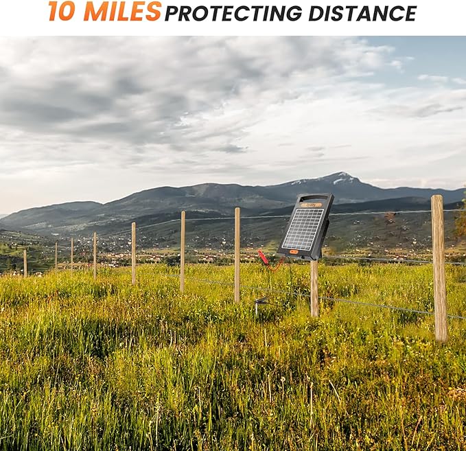 24 Hour Solar Electric Fence Charger, 10 Miles, Up to 10200v Output Range Electric Fence Charger, 0.18J Portable Energizer with Rechargeable Solar Panel for Livestock & Predator Protection