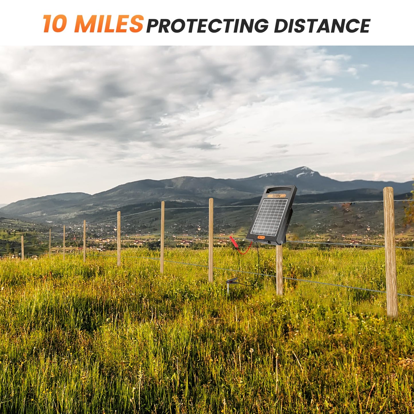 24 Hour Solar Electric Fence Charger, 10 Miles, Up to 10200v Output Range Electric Fence Charger, 0.18J Portable Energizer with Rechargeable Solar Panel for Livestock & Predator Protection