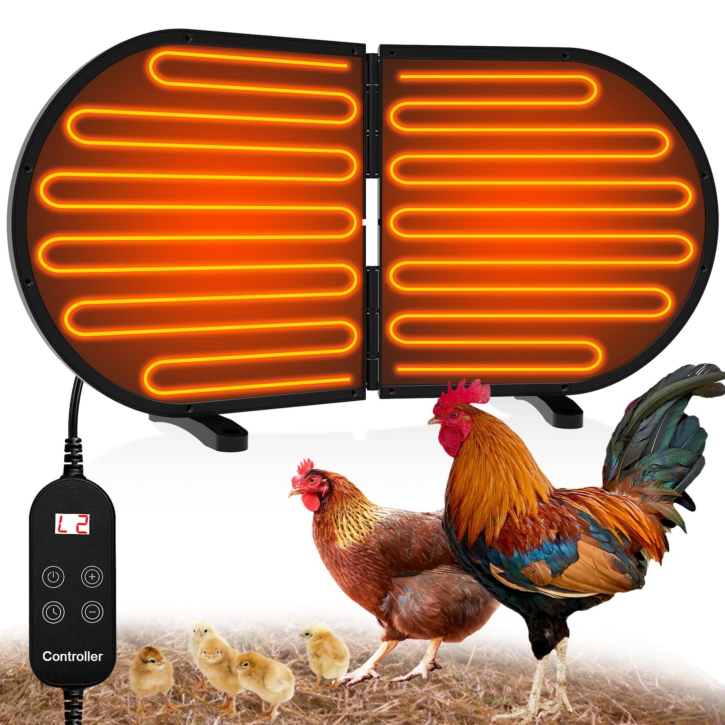 Tepoal Large Chicken Coop Heater for Winter with Adjustable Thermostat & Timer, 240 Watts Foldable Waterproof Radiant Chicks Heaters for Coop with 2 Heating Plates for Chick Kitten Puppy Pets Animals