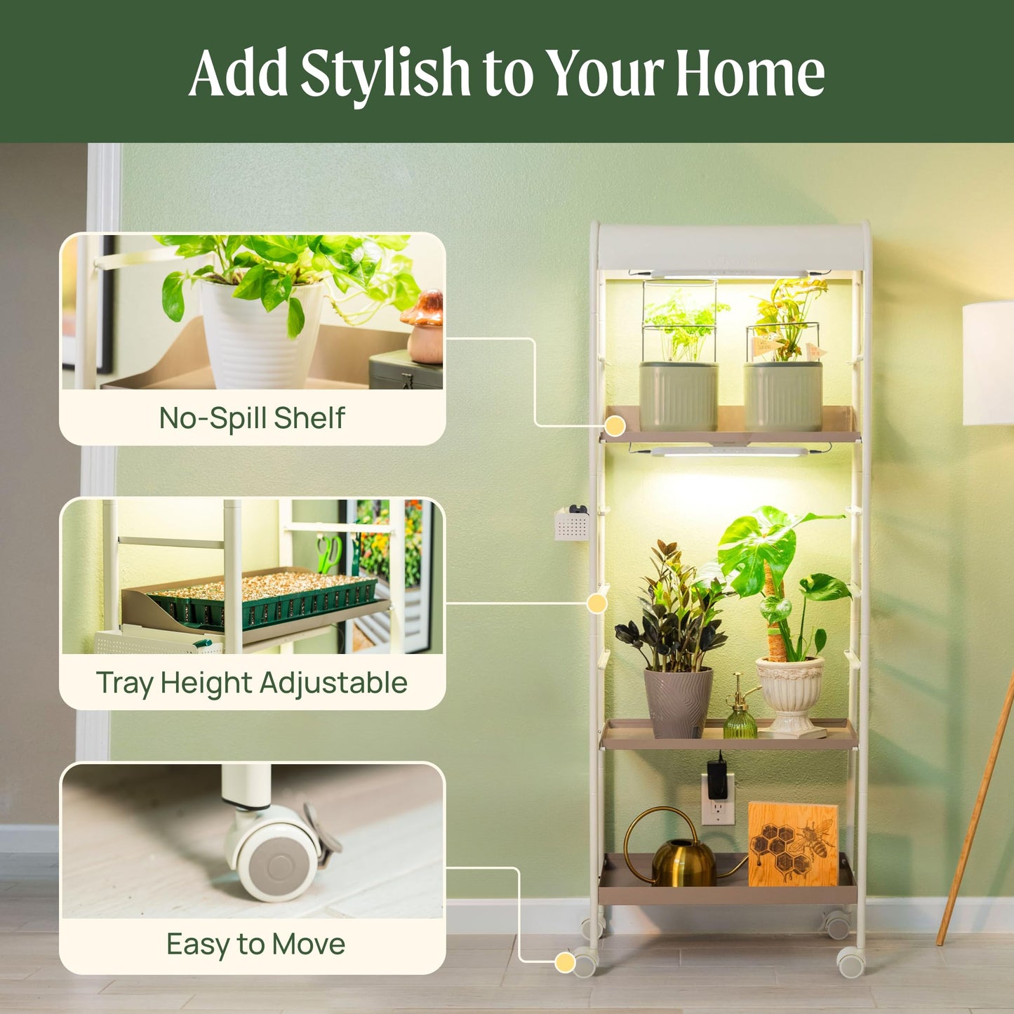 17" Classic 9 in 1 Garden Bed Pearl White & 2-Tiered Metal Plant Stand with Grow Lights