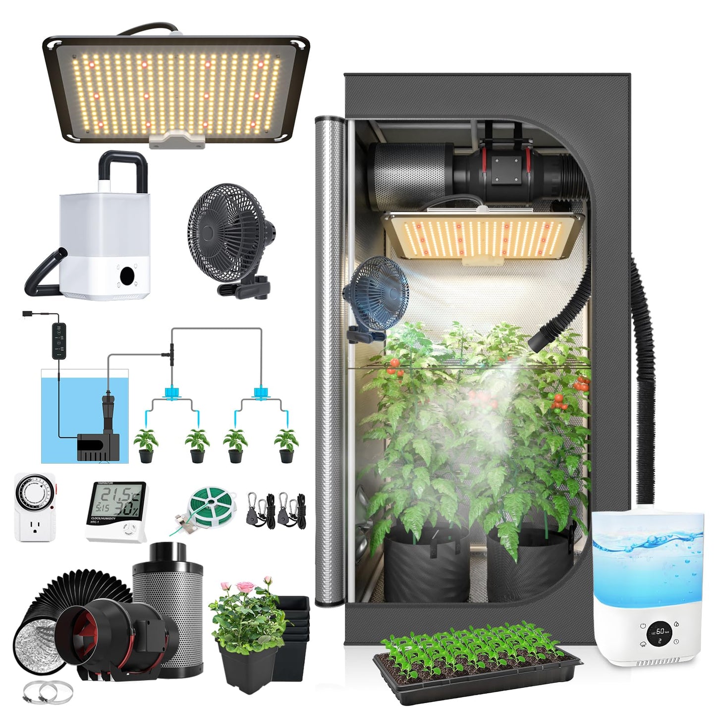 TopoGrow Upgrade Integrated Auto Grow Tent Kit Complete Kit, S1000 LED Grow Light, 32"x32"x64" Grow Tent, 4“ Ventilation with Inline Fan, Carbon Filter, Irrigation Kit, Humidifier and Clip Fan