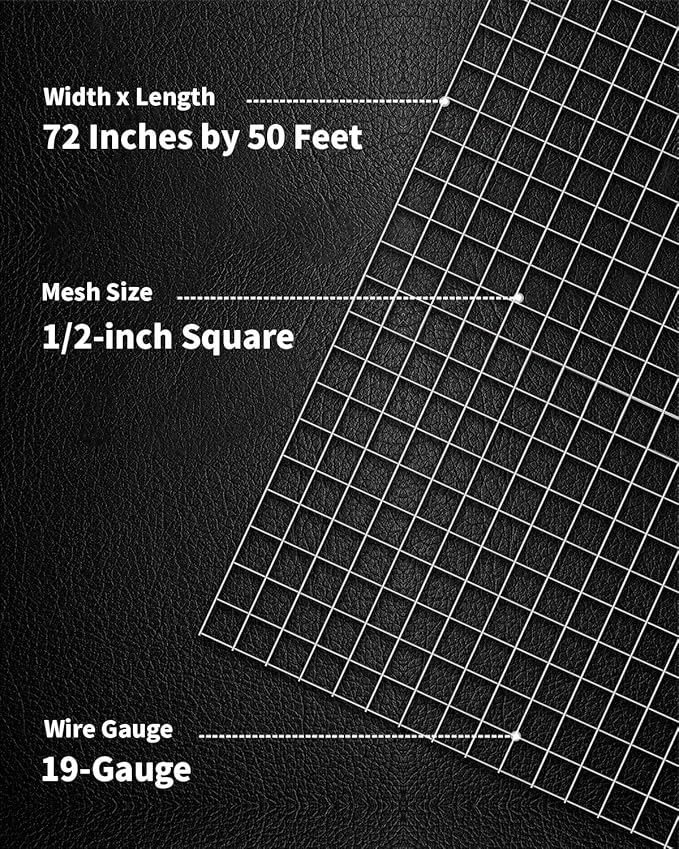 Hardware Cloth 72'' x 50' with 1/2 inch Mesh 19-Gauge, Hot Dip Galvanized After Welding, Welded Wire Mesh Roll Chicken Wire Fencing Cage Wire Rodent Wire Hardware Mesh