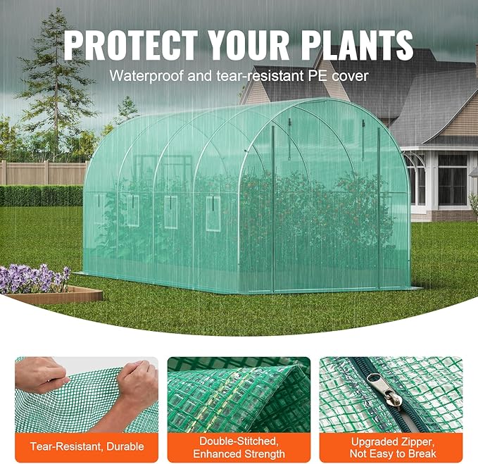 VEVOR Walk-in Tunnel Greenhouse, 14.6x6.4x6.3 ft Hoop House Greenhouse Tunnel, Plant Hot House with Galvanized Steel Frame, Green PE Cover, Roll-up Zipper Door and 8 Windows for Outdoor