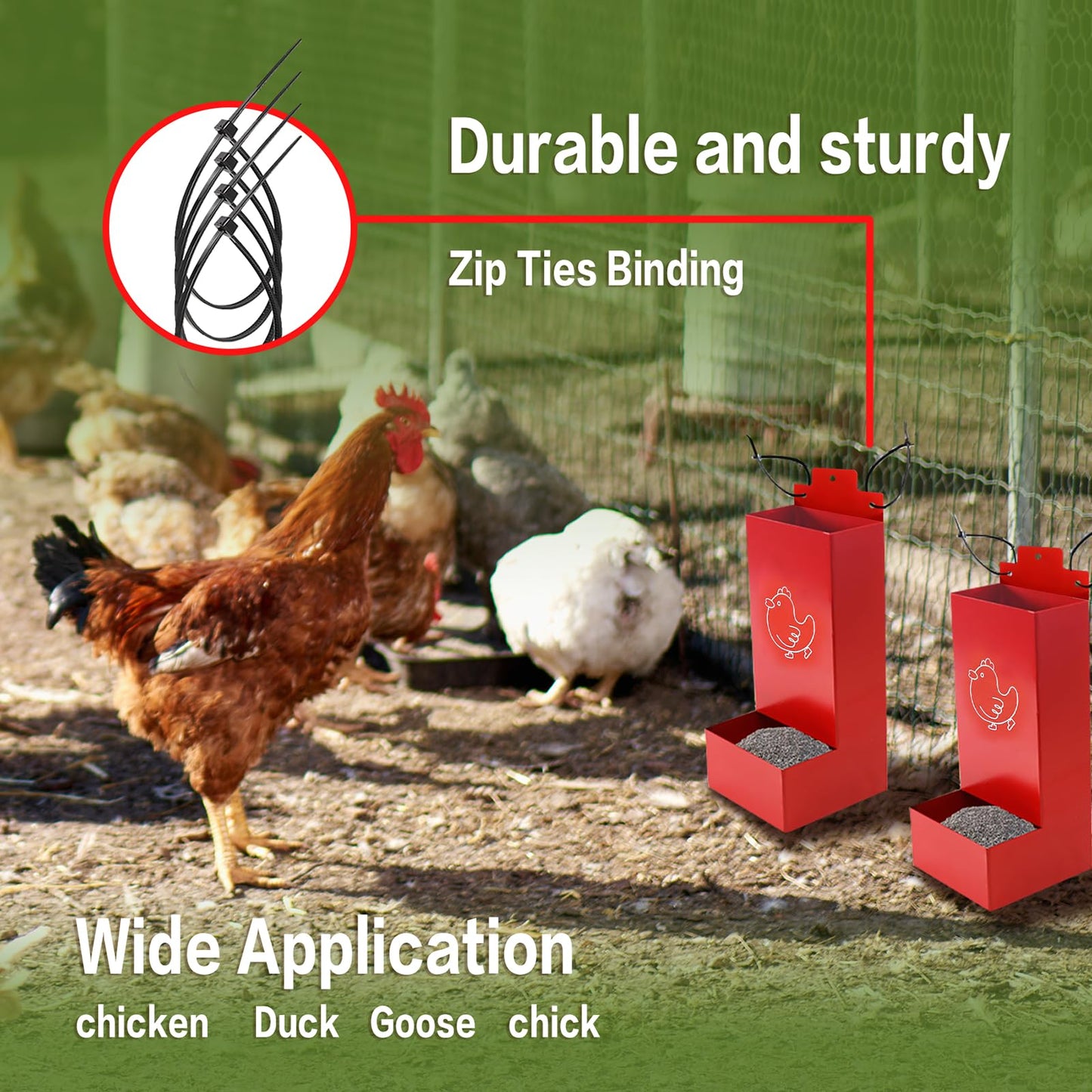 Chicken Gritr and Oyster Shell Feeder Hanging Metal Chicken Feeder for Hens or Chicks Chicken Coop Accessory Gravity-Fed Anti-Waste Design (Red and Black)