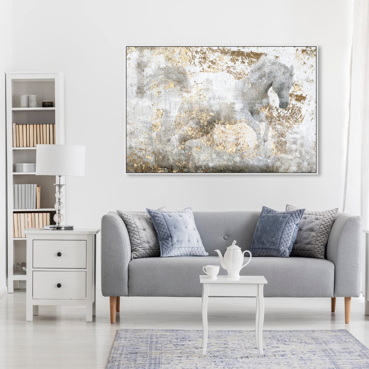 Country Farmhouse Canvas Print Painting Animal Wall Art 'Running Horse' White Framed Canvas Rustic Home Décor 54x36 in White, Gold by Oliver Gal