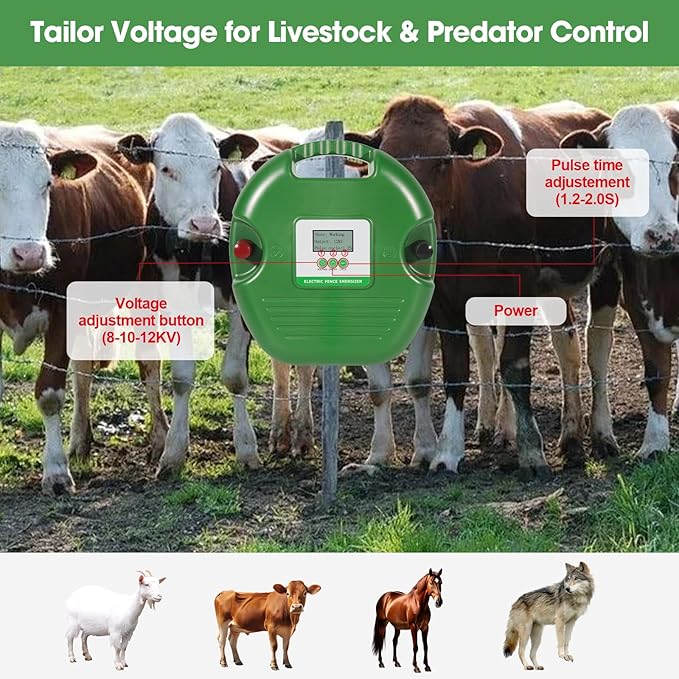 Electric Fence Charger for Livestock – 15-Joule Electric Fence Energizer， Adjustable 8/10/12kV Output, Weatherproof Fence Charger, Covers 25 Miles/600 Acres