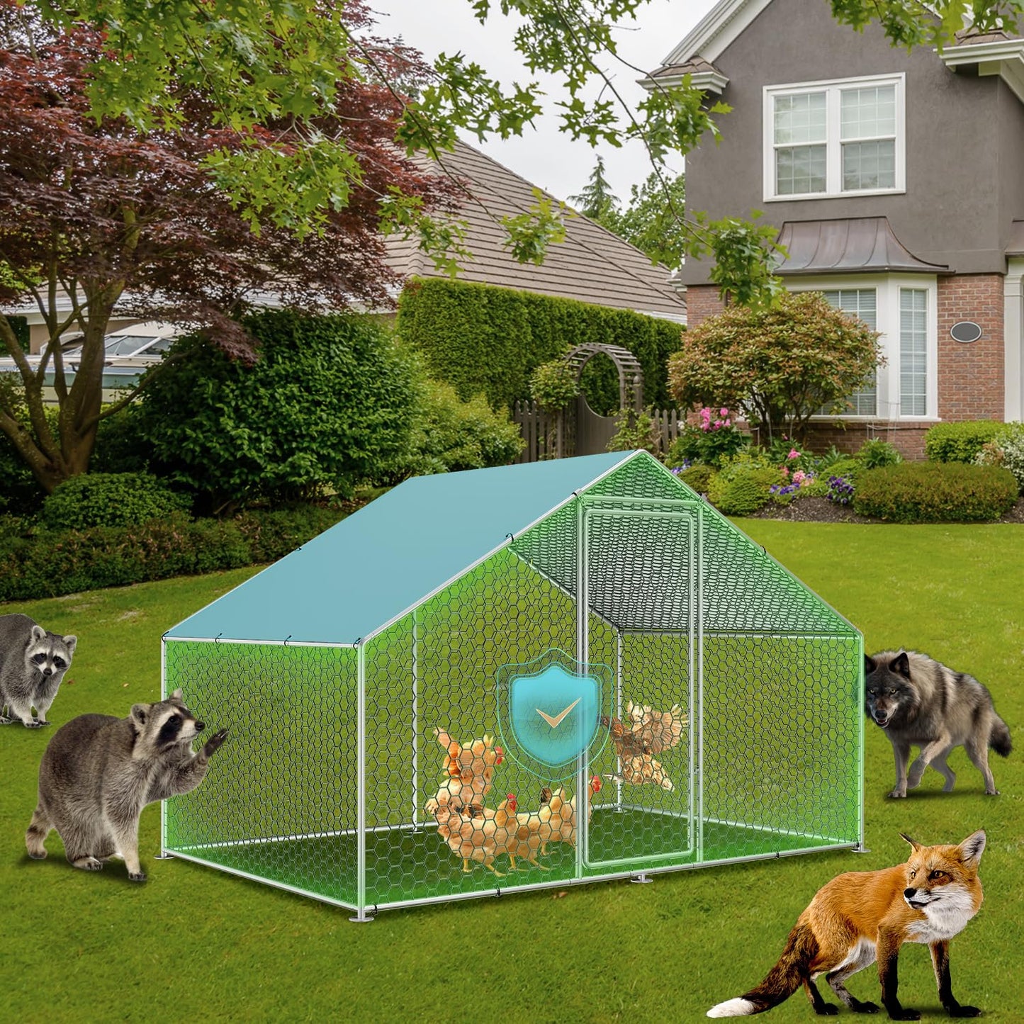 Vipbear Large Metal Chicken Coop Run with Immersed Wire Mesh, Chicken Coop for 8 Chickens Heavy Duty Chicken Run in for Yard with Waterproof Cover and Secure Lock,236'' L x 118''W x 77''H