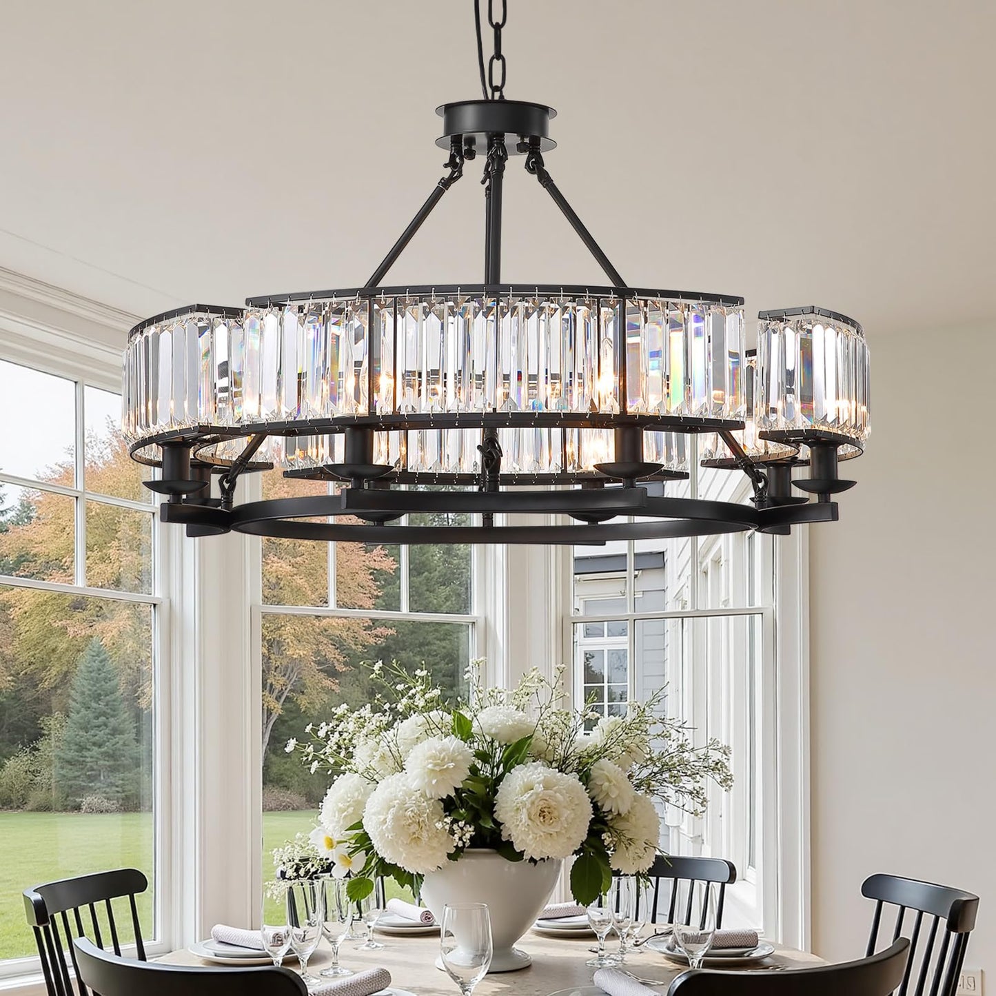 WECHAET Modern Black Farmhouse Chandeliers for Dining Room Light Fixture, 6-Light Adjustable Round Crystal Chandeliers for Living Room Kitchen Island Foyer Entryway, D31.5