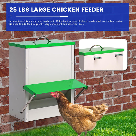 25lb Automatic Chicken Feeders Metal Poultry Feeder no Waste Large Chicken Coop Feeders with Lid Hanging Chicken Feeder Trough for Quail Chickens Ducks Feeder Outside Waterproof Chicken Feeder