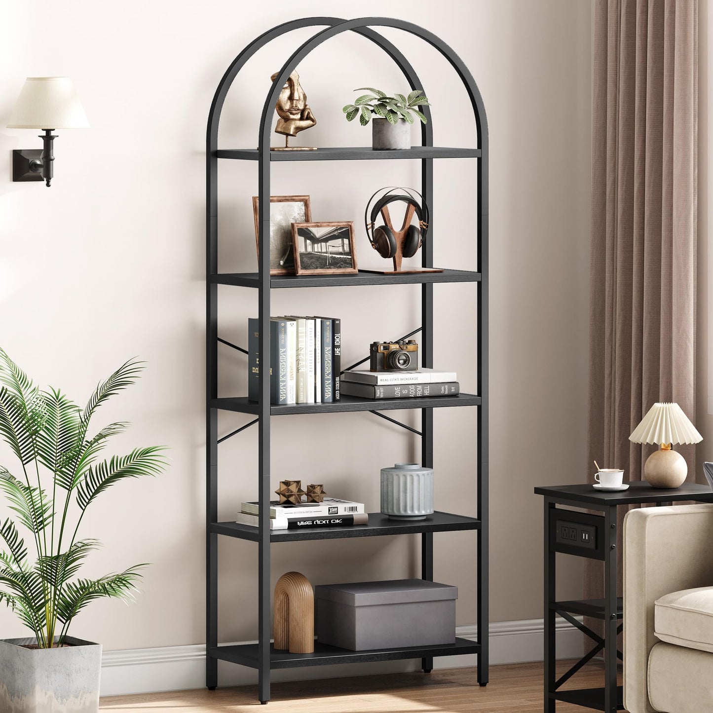 IDEALHOUSE Bookshelf 5 Tier Bookcase Arched Display Racks Tall Standing Bookshelves Metal Frame Open Storage Rack Shelf Large Black Book Shelf for Bedroom, Living Room, Home Office
