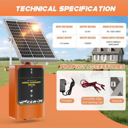 10-Mile Livestock Electric Fence, 12W Solar Panel Fast Charging,24-Hour uninterrupted Discharge to Drive Away Wild Animals, Built-in Large-Capacity Battery, can Last for X Hours (Orange Color)