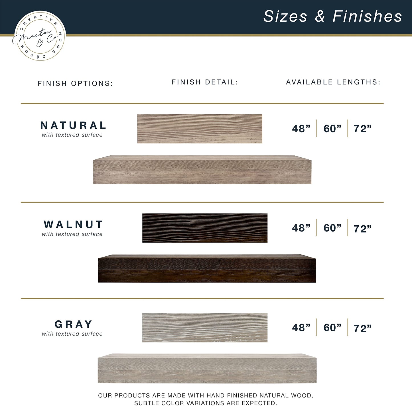 MCS 72-Inch Mantel, Master & Co Warm Gray Finsh Solid Wood Floating Fireplace Mantel, Long Floating Shelf for Livingroom with Wood Cleat Hanging System, Photo and Home Decor Display Shelf