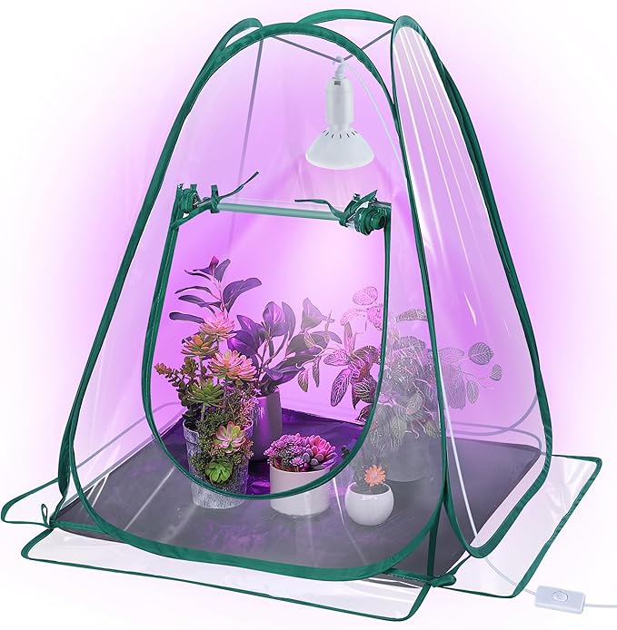 Meonum Mini Greenhouse with 10W 200 LED Grow Light Bulbs for Indoor, 27" x 27" x 30" Pop Up Small Greenhouse Cover with Bottom Waterproof Bottom Mat for Indoor Outdoor Plants Seed Starting