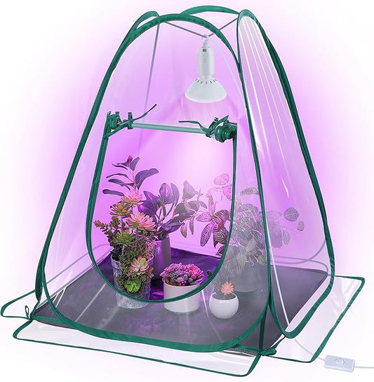 Meonum Mini Greenhouse with 10W 200 LED Grow Light Bulbs for Indoor, 27" x 27" x 30" Pop Up Small Greenhouse Cover with Bottom Waterproof Bottom Mat for Indoor Outdoor Plants Seed Starting