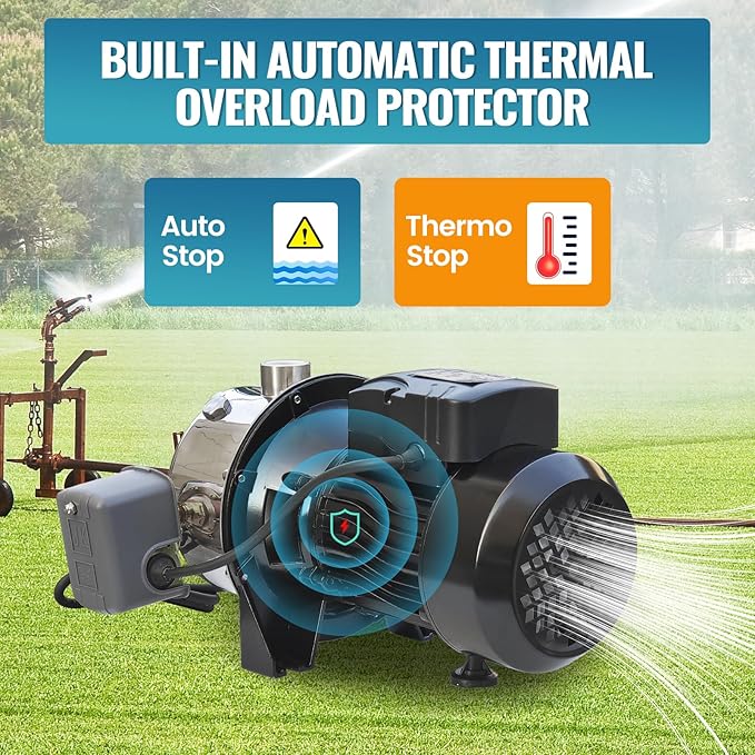 3/4HP Shallow Well Pump, 110V/60Hz, 18.5GPM, 131ft Head Jet Water Pump, Stainless Steel Shallow Well Jet Pump for Home Lawn Irrigation and Water Draining